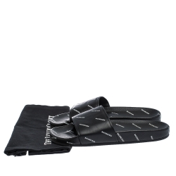 Pre Owned Balenciaga Black Leather Logo Stamped Slide Sandals Size 41