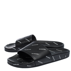 Pre Owned Balenciaga Black Leather Logo Stamped Slide Sandals Size 41