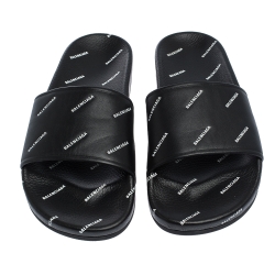 Pre Owned Balenciaga Black Leather Logo Stamped Slide Sandals Size 41