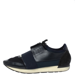 Pre Owned Balenciaga Blue Leather And Mesh Race Runner Low Top Sneakers Size 45