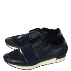 Pre Owned Balenciaga Blue Leather And Mesh Race Runner Low Top Sneakers Size 45