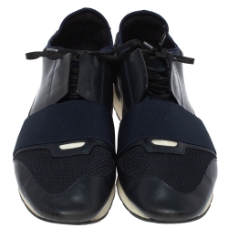 Pre Owned Balenciaga Blue Leather And Mesh Race Runner Low Top Sneakers Size 45