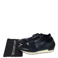 Pre Owned Balenciaga Blue Leather And Mesh Race Runner Low Top Sneakers Size 45