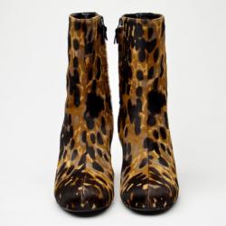 Pre Owned Balenciaga Leopard Printed Pony Hair Ankle Boots Size 39.5