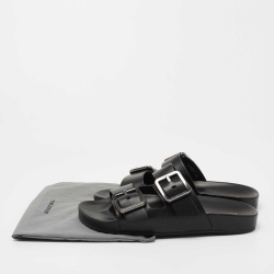 Balenciaga Black Leather Double Buckle Flat Slides Size 40 