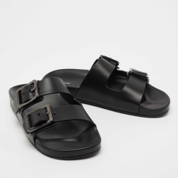 Balenciaga Black Leather Double Buckle Flat Slides Size 40 