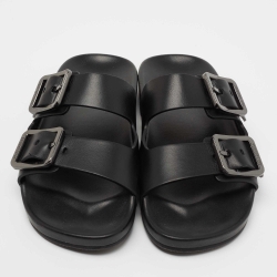 Balenciaga Black Leather Double Buckle Flat Slides Size 40 