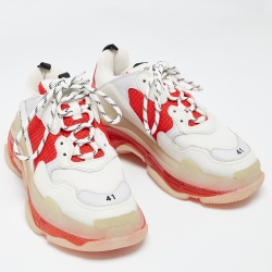 Balenciaga White/Red Leather and Mesh Triple S Clear Sole Sneakers Size 41