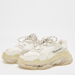 Pre Owned Balenciaga Grey/White Faux Leather and Mesh Triple S Sneakers Size 42
