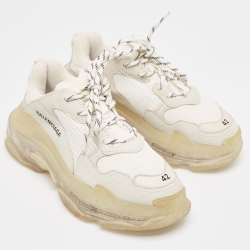 Pre Owned Balenciaga Grey/White Faux Leather and Mesh Triple S Sneakers Size 42