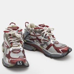 Pre Owned Balenciaga Grey/Burgundy Mesh And Faux Leather Runner Sneakers Size 43