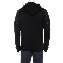 Pre Owned Balmain Black Knit Leather Trim Zip Front Hooded Jacket XL