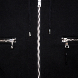 Pre Owned Balmain Black Knit Leather Trim Zip Front Hooded Jacket XL