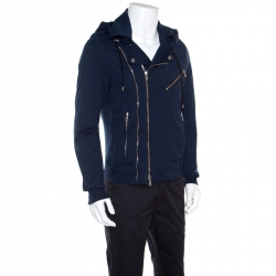 Pre Owned Balmain Navy Blue Jersey Zip Detail Hooded Bomber Jacket M