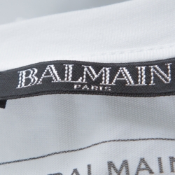 Pre Owned Balmain White Cotton Logo Print Shoulder Button Detail Full Sleeve T-Shirt L
