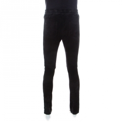 Pre Owned Balmain Black Lambskin Leather Ribbed Panel Detail Moto Pants L