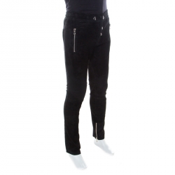 Pre Owned Balmain Black Lambskin Leather Ribbed Panel Detail Moto Pants L