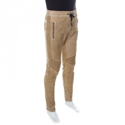 Pre Owned Balmain Beige Lambskin Leather Ribbed Panel Detail Moto Pants L