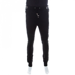 Balmain Black Cotton and Velvet Side Paneled Biker Jogger Pants L