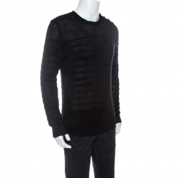 Balmain Black Linen Knit Shoulder Button Detail Sweater L 