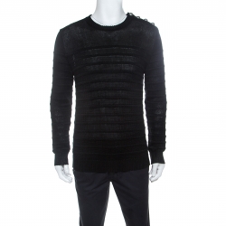 Balmain Black Linen Knit Shoulder Button Detail Sweater L 