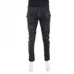 Pre Owned Balmain Grey Cotton Denim Biker Jeans L