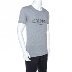 Pre Owned Balmain Grey Logo Print Cotton Crew Neck T-Shirt S
