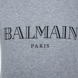 Pre Owned Balmain Grey Logo Print Cotton Crew Neck T-Shirt S