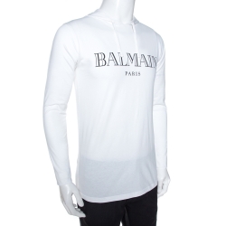 Pre Owned Balmain White Logo Print Cotton Long Sleeve Hooded T-Shirt S