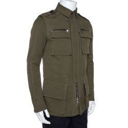 Pre Owned Balmain Olive Green Cotton Linen Zip Front Jacket M