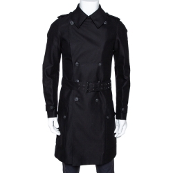 Pre Owned Balmain Black Cotton Belted Double Breasted Coat M
