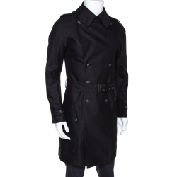 Pre Owned Balmain Black Cotton Belted Double Breasted Coat M