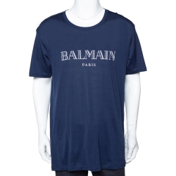 Pre Owned Balmain Midnight Blue Logo Print Cotton Short Sleeve T-Shirt XL