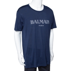 Pre Owned Balmain Midnight Blue Logo Print Cotton Short Sleeve T-Shirt XL