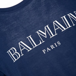 Pre Owned Balmain Midnight Blue Logo Print Cotton Short Sleeve T-Shirt XL