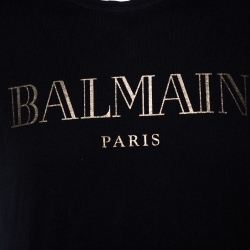 Pre Owned Balmain Black Cotton Logo Foil Print Crew Neck T Shirt M