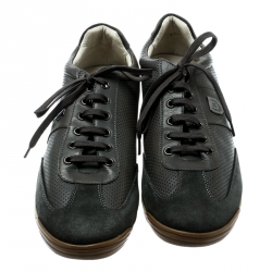 Balmain Grey Perforated Leather And Suede Lace Up Sneakers Size 42