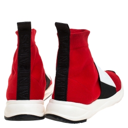 Balmain Red/Black Stretch Knit And Mesh Cameron Embossed Logo High Top Sneakers Size 41