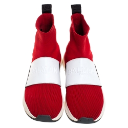 Balmain Red/Black Stretch Knit And Mesh Cameron Embossed Logo High Top Sneakers Size 41