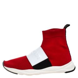 Balmain Red/Black Stretch Knit And Mesh Cameron Embossed Logo High Top Sneakers Size 41