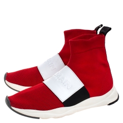 Balmain Red/Black Stretch Knit And Mesh Cameron Embossed Logo High Top Sneakers Size 41