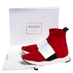 Balmain Red/Black Stretch Knit And Mesh Cameron Embossed Logo High Top Sneakers Size 41