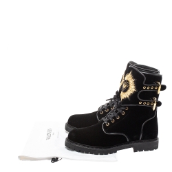 Balmain Black Velvet Eagle Combat Boots Size 41