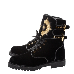 Balmain Black Velvet Eagle Combat Boots Size 41