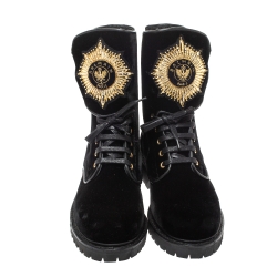 Balmain Black Velvet Eagle Combat Boots Size 41