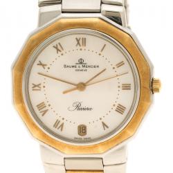 Pre Owned Baume and Mercier Mother of Pearl Stainless Steel and Yellow Gold Riviera Men's Wristwatch 34 mm
