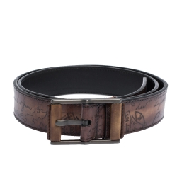 Berluti Brown Scritto Leather Classic Buckle Belt 100CM