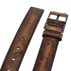 Berluti Brown Scritto Leather Classic Buckle Belt 100CM