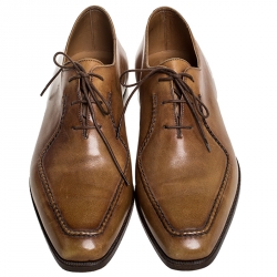 Pre Owned Berluti Cognac Brown Leather Stitch Detail Oxfords Size 40.5