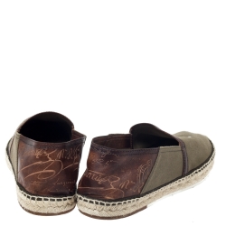 Pre Owned Berluti Olive Green Canvas and Brown Leather Trimmed Espadrilles Loafers Size 44